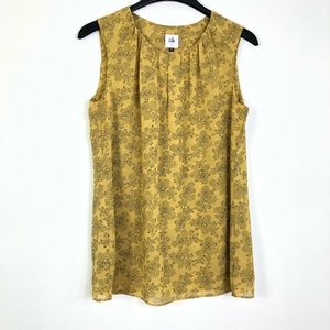 Cabi Paisley Sleeveless Blouse Gold Chiffon Black style #3617 Small Keyhole Cute